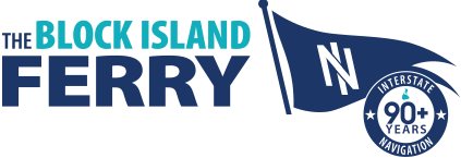 The logo for "The Block Island Ferry" showcases a blue flag emblazoned with an "N," complemented by a badge that proudly declares "Interstate Navigation, 90+ Years.