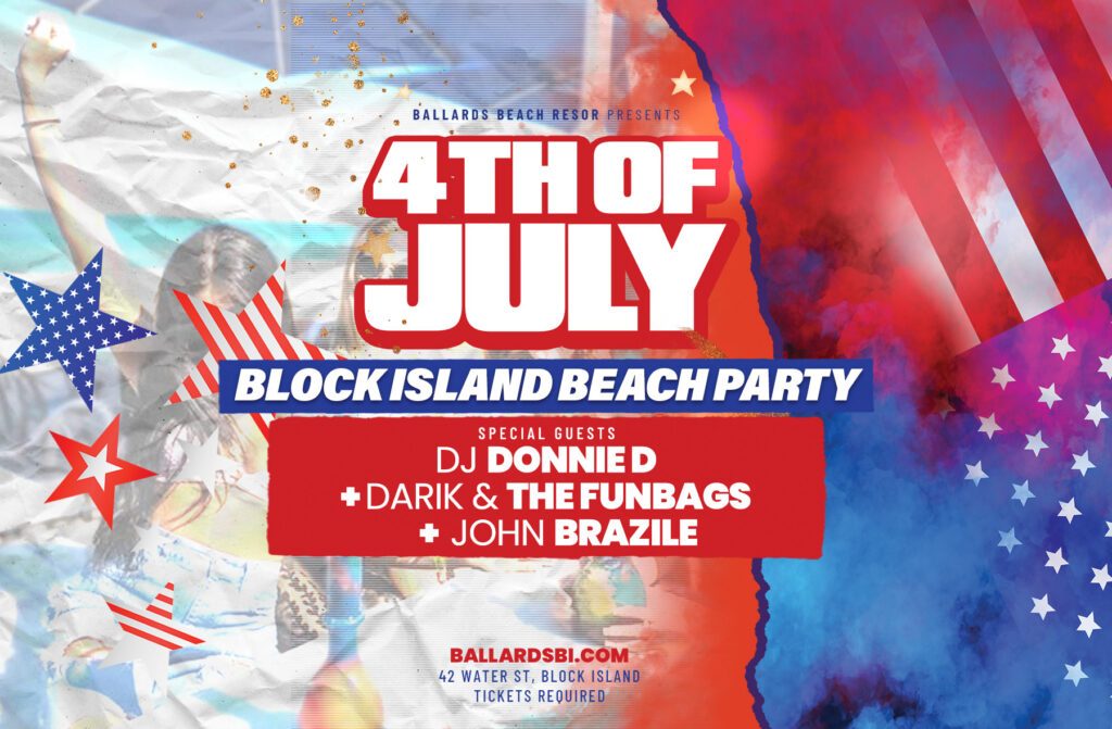 A festive 4th of July Block Island Beach Party flyer featuring red, white, and blue colors, stars, and stripes. Highlights DJs and performers. Celebrate with American flags and learn about Block Island Cabana Rentals for the perfect beach day.