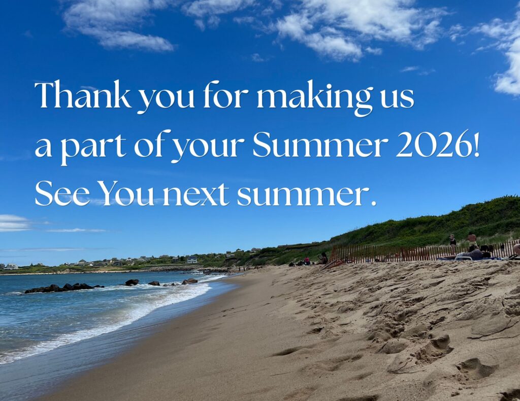 A sandy beach with gentle waves, green dunes, and a blue sky. Overlaid white text reads: “Thank you for making us a part of your Summer 2026! Wishing you a wonderful End of Season 2026—see you next summer.”.